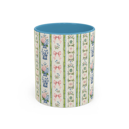 Vintage Floral Stripe Coffee Mug — Pink Accent & Bow Pattern (11/15 oz) - Creations by Chris and Carlos