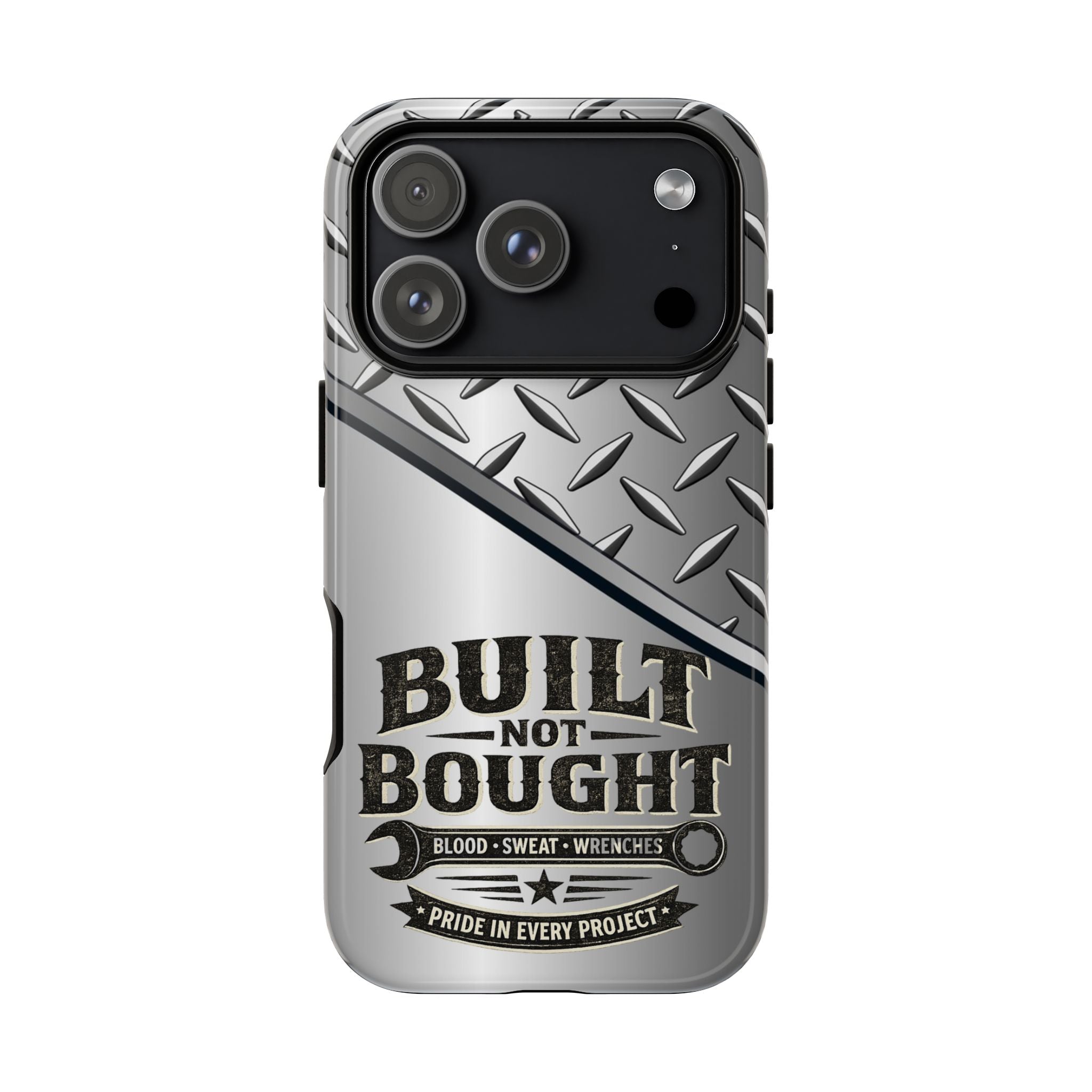 Built Not Bought Metal Diamond-Plate Phone Case — Rugged Tool Lover Gift - Creations by Chris and Carlos