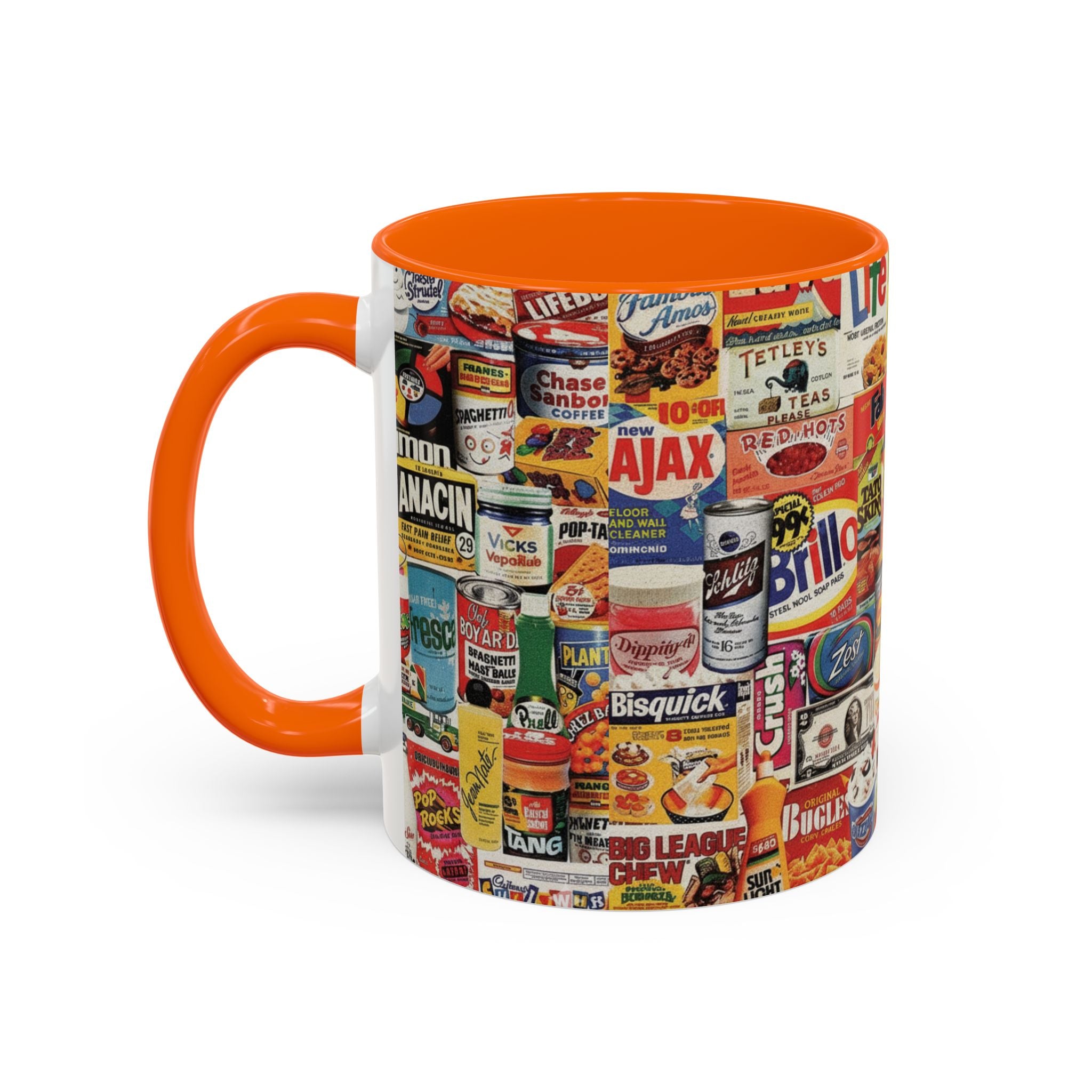 Vintage Retro Ads Coffee Mug — Collage of Classic Brand Labels (11/15oz Accent Mug) - Creations by Chris and Carlos