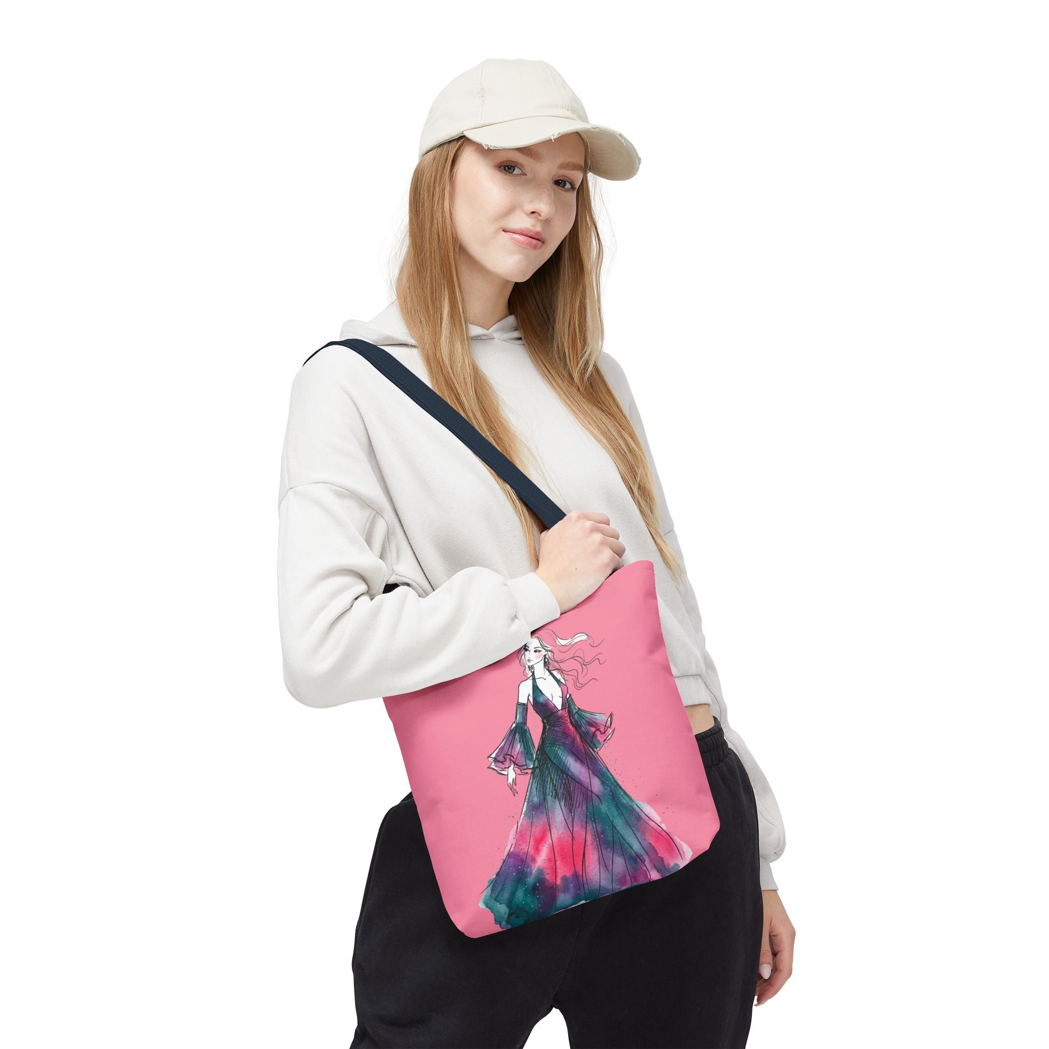 Pink Watercolor Fashion Tote Bag — Elegant Woman in Flowing Dress AOP - Creations by Chris and Carlos
