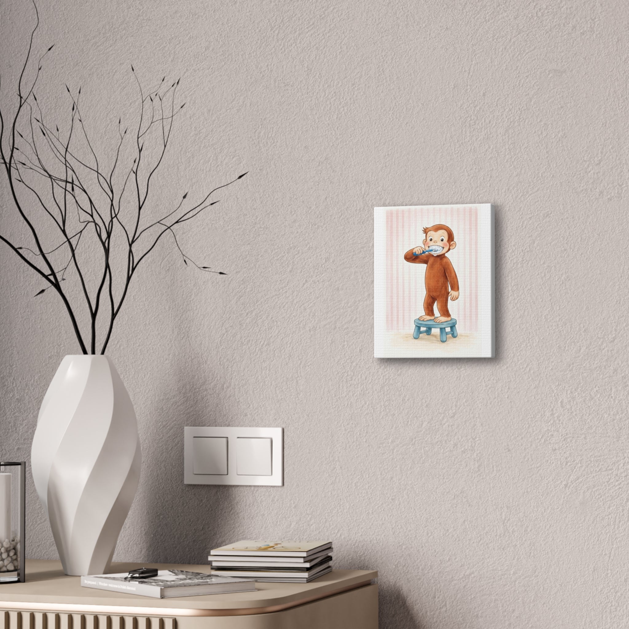 Curious George Brushing Teeth Canvas Print — Nursery Wall Art - Creations by Chris and Carlos