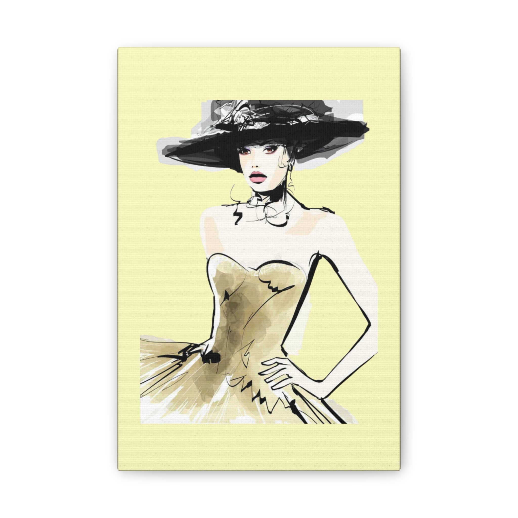 Fashion Illustration Canvas Wall Art - Elegant Woman in Gold Dress (Stretched Canvas) - Creations by Chris and Carlos