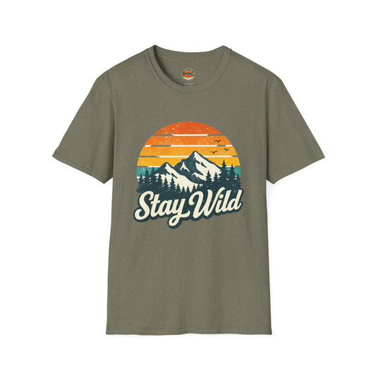 Stay Wild Mountain T-Shirt — Vintage Sunset Outdoor Adventure Tee - Creations by Chris and Carlos