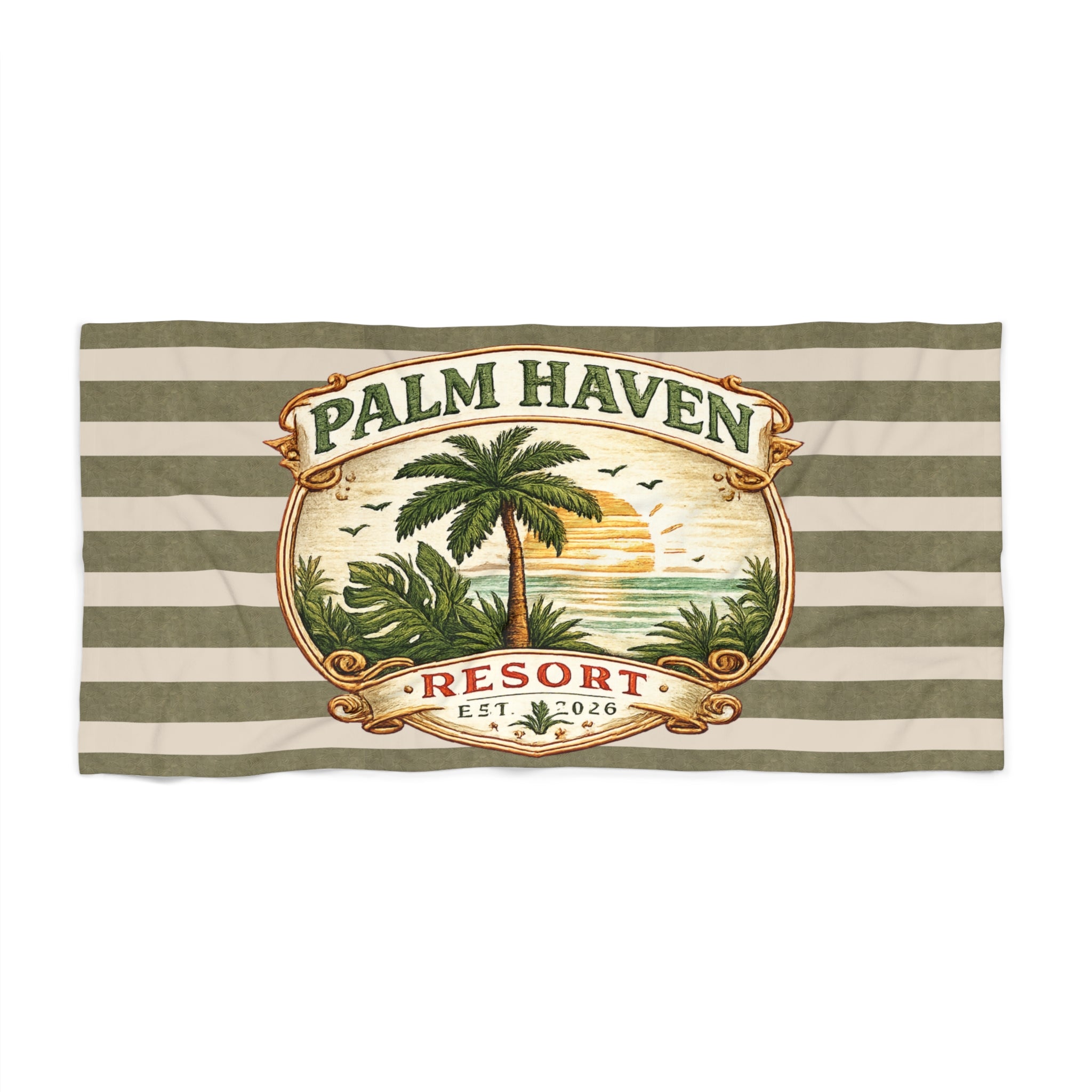 Beach Towel - Palm Haven Resort Striped Tropical Sunset Beach Towel - Creations by Chris and Carlos