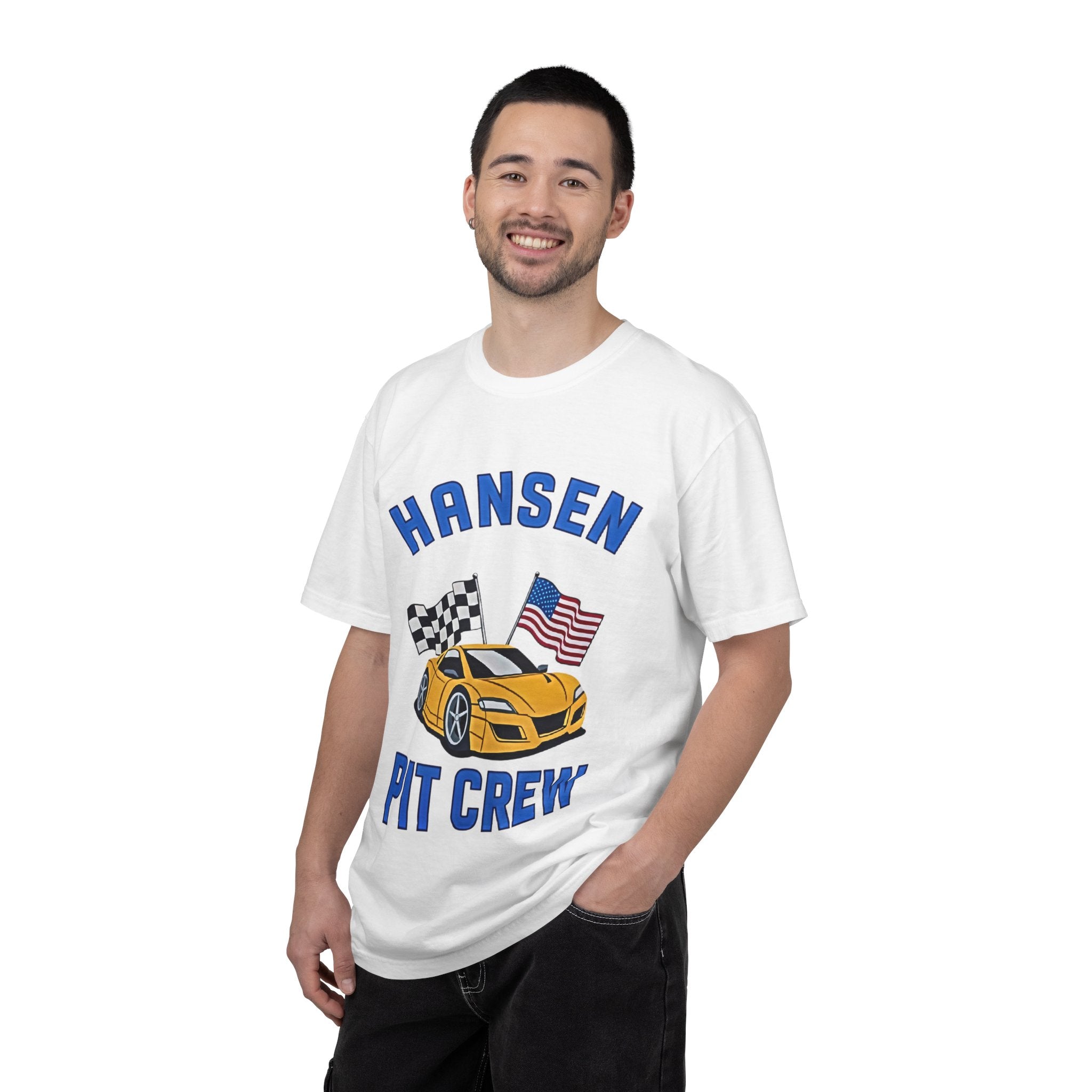 The Pitt TV Show Pit Crew Racing T‑Shirt — 'Hansen' Sports Car with Checkered Flag & American Flag - Creations by Chris and Carlos