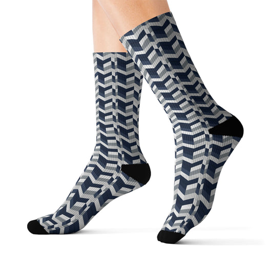 Prism Point Athletic Collection- Geometric Navy Knit-Pattern Sublimation Socks - Creations by Chris and Carlos