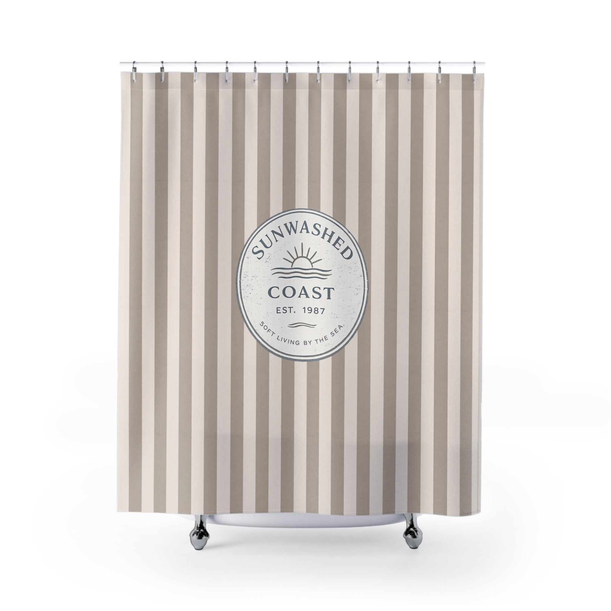 Coastal Sunwashed Stripe Shower Curtain — Beachy Neutral Bathroom Decor - Creations by Chris and Carlos