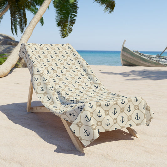 Nautical Anchor Pattern Beach Towel — Vintage Coastal Striped Anchor Print - Creations by Chris and Carlos