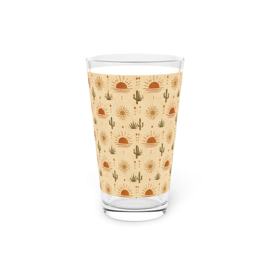 Desert Sunset Pint Glass — 16oz Southwestern Cactus & Sun Pattern - Creations by Chris and Carlos