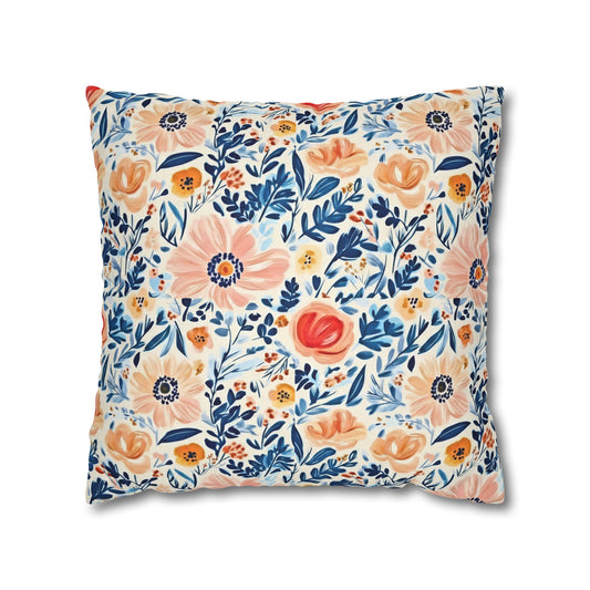 The Artisanal Flora Gallery Floral Watercolor Throw Pillow Cover — Peach & Navy Garden Pattern - Creations by Chris and Carlos