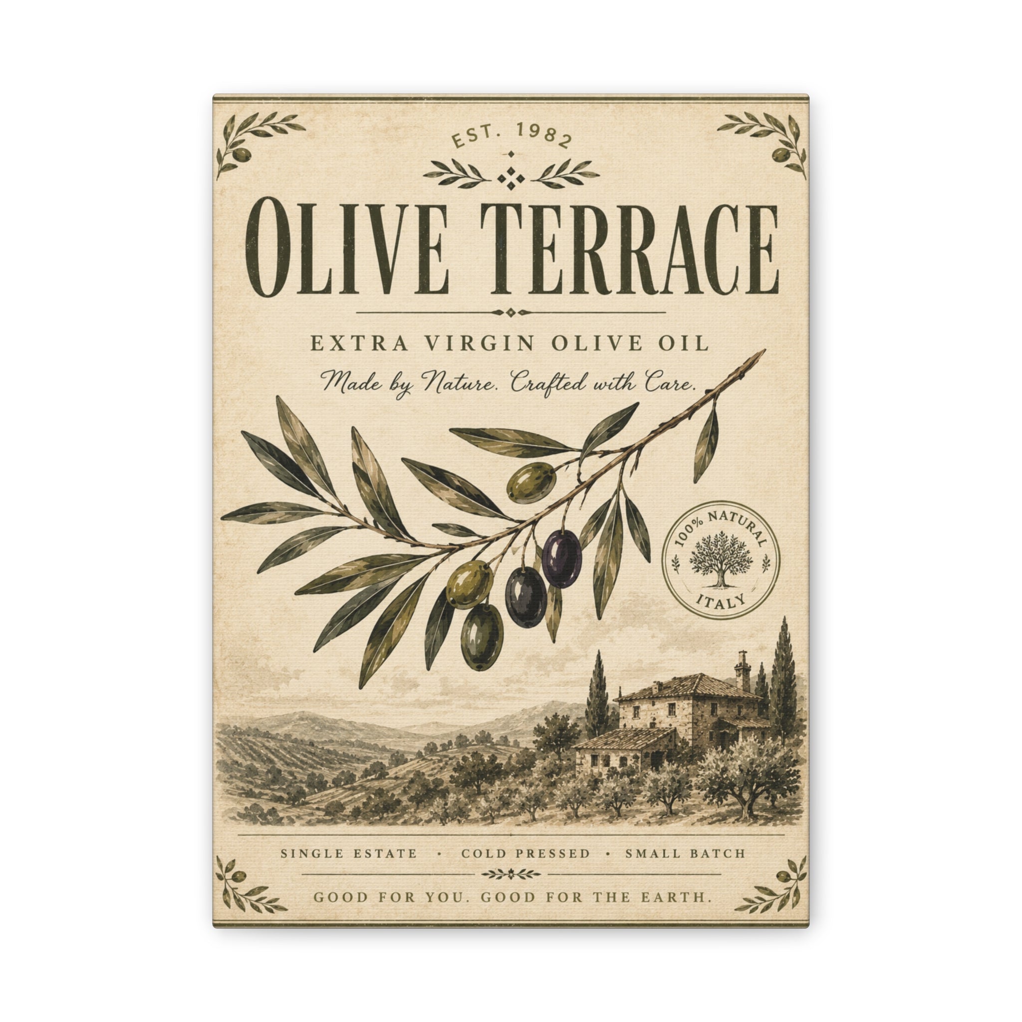Olive Terrace Canvas Wall Art — Vintage Olive Oil Kitchen Print - Creations by Chris and Carlos