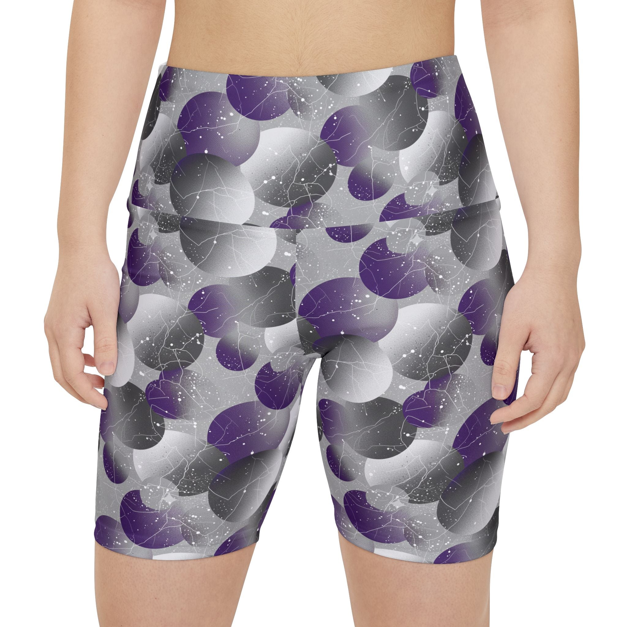 Gray/Purple Bubble Print Women's Workout Shorts — High-Waist Activewear Bike Shorts - Creations by Chris and Carlos