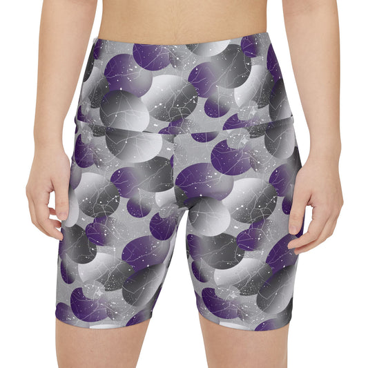 Gray/Purple Bubble Print Women's Workout Shorts — High-Waist Activewear Bike Shorts - Creations by Chris and Carlos