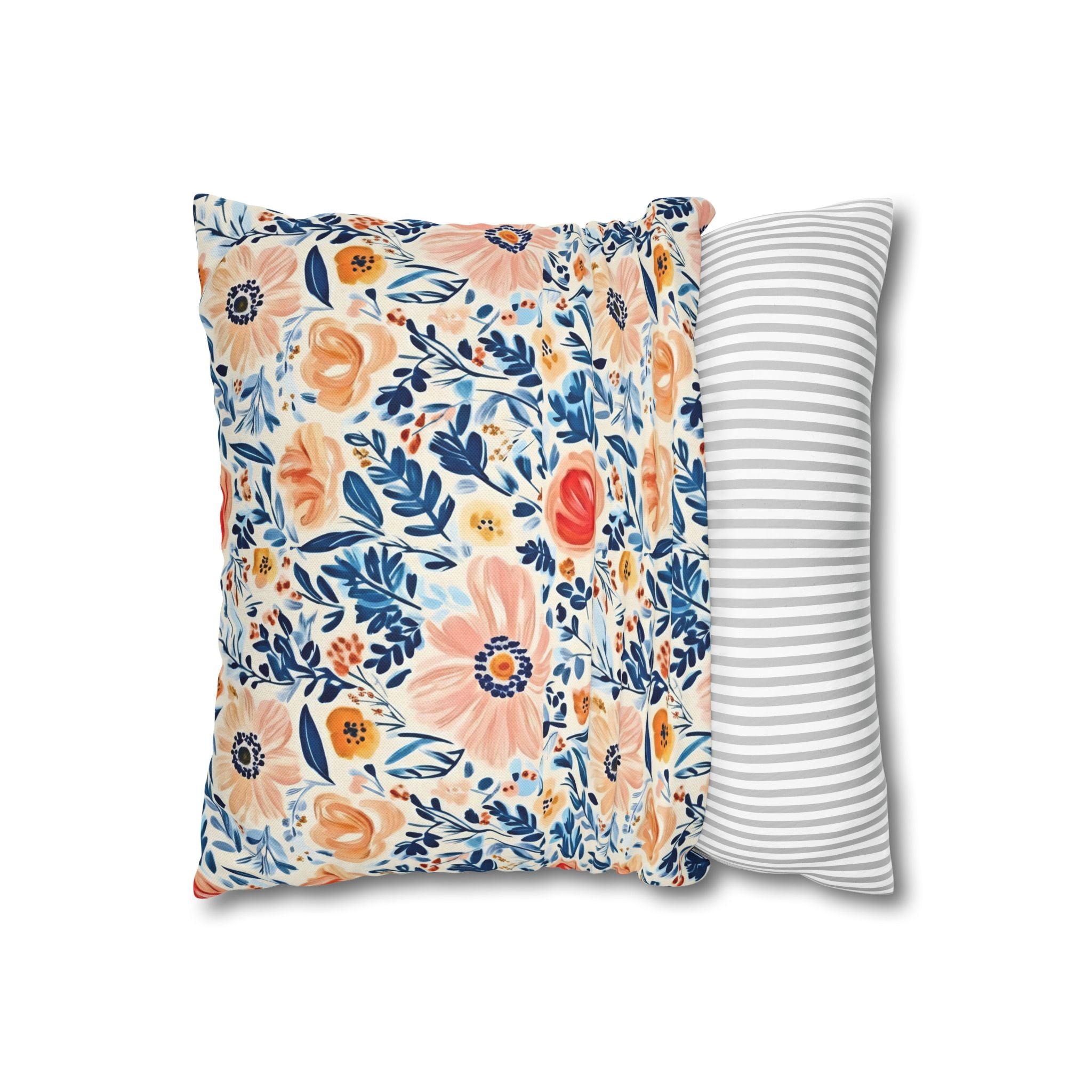 The Artisanal Flora Gallery Floral Watercolor Throw Pillow Cover — Peach & Navy Garden Pattern - Creations by Chris and Carlos