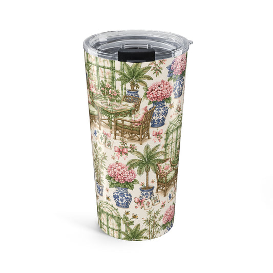 20oz Floral Garden Tumbler – Chinoiserie Hydrangea Patio Insulated Cup - Creations by Chris and Carlos