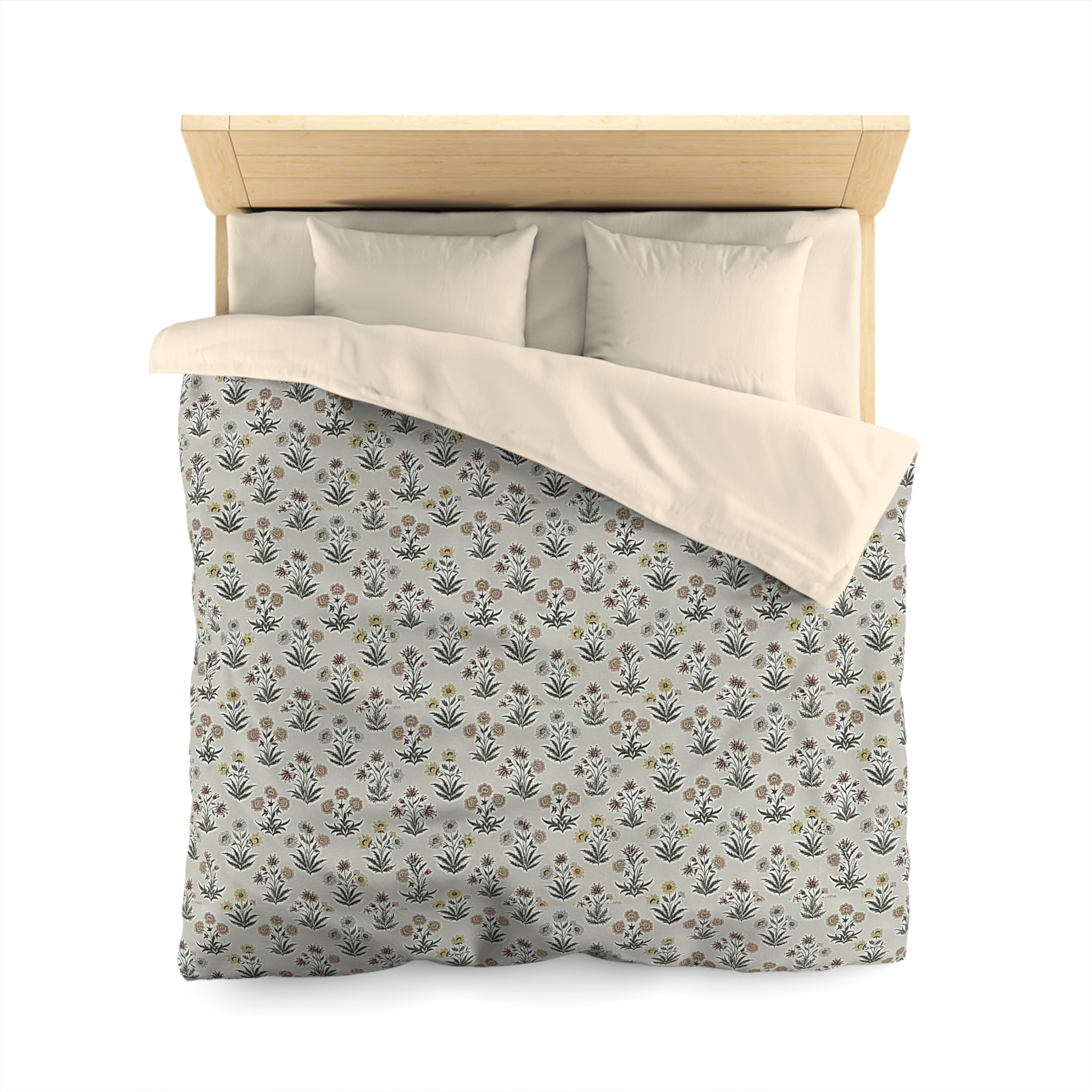 Floral Folk Pattern Duvet Cover — Neutral Microfiber Bedding - Creations by Chris and Carlos