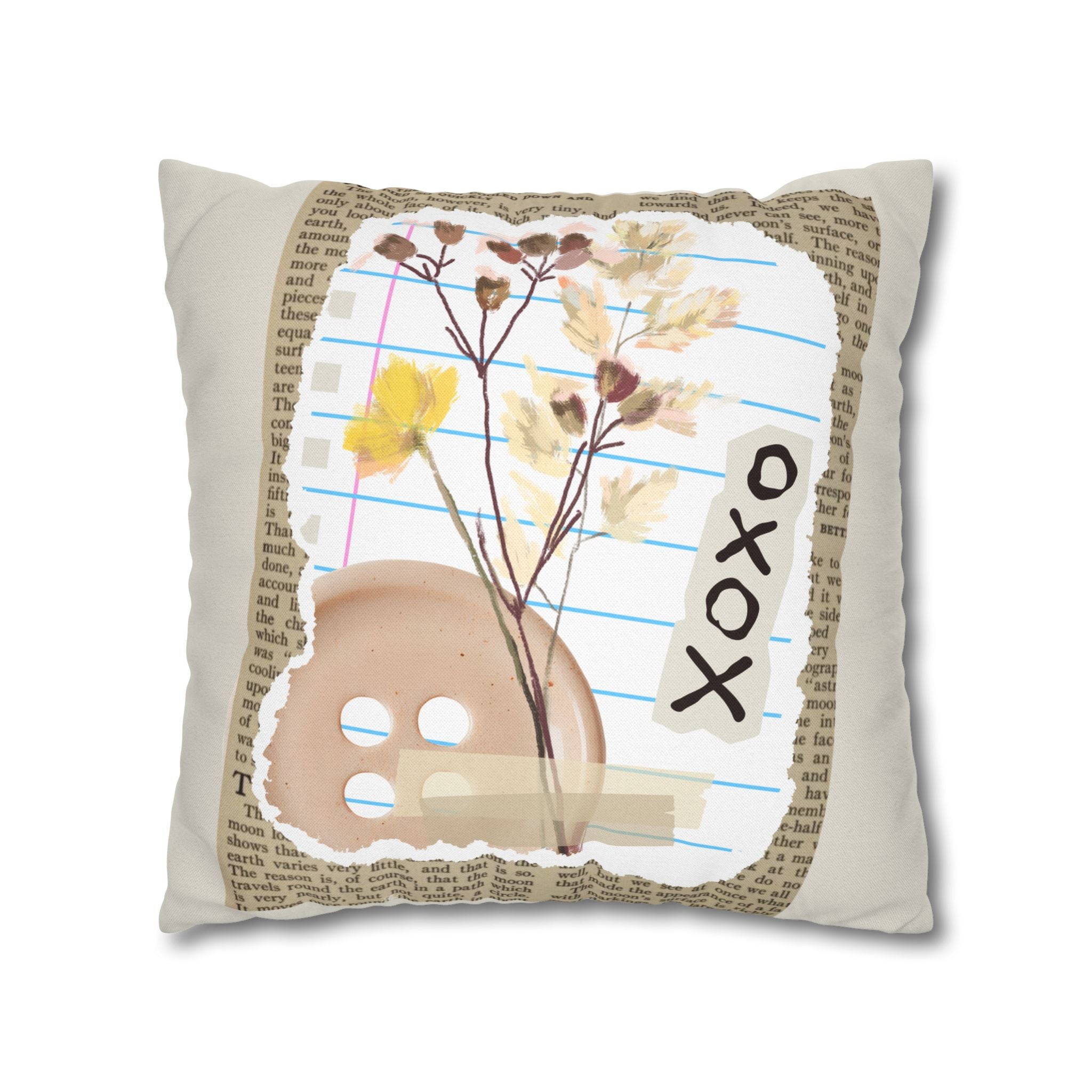 Botanical Collage Square Pillow — 'XOXO' Dried Flowers Decorative Throw Pillowcase - Creations by Chris and Carlos