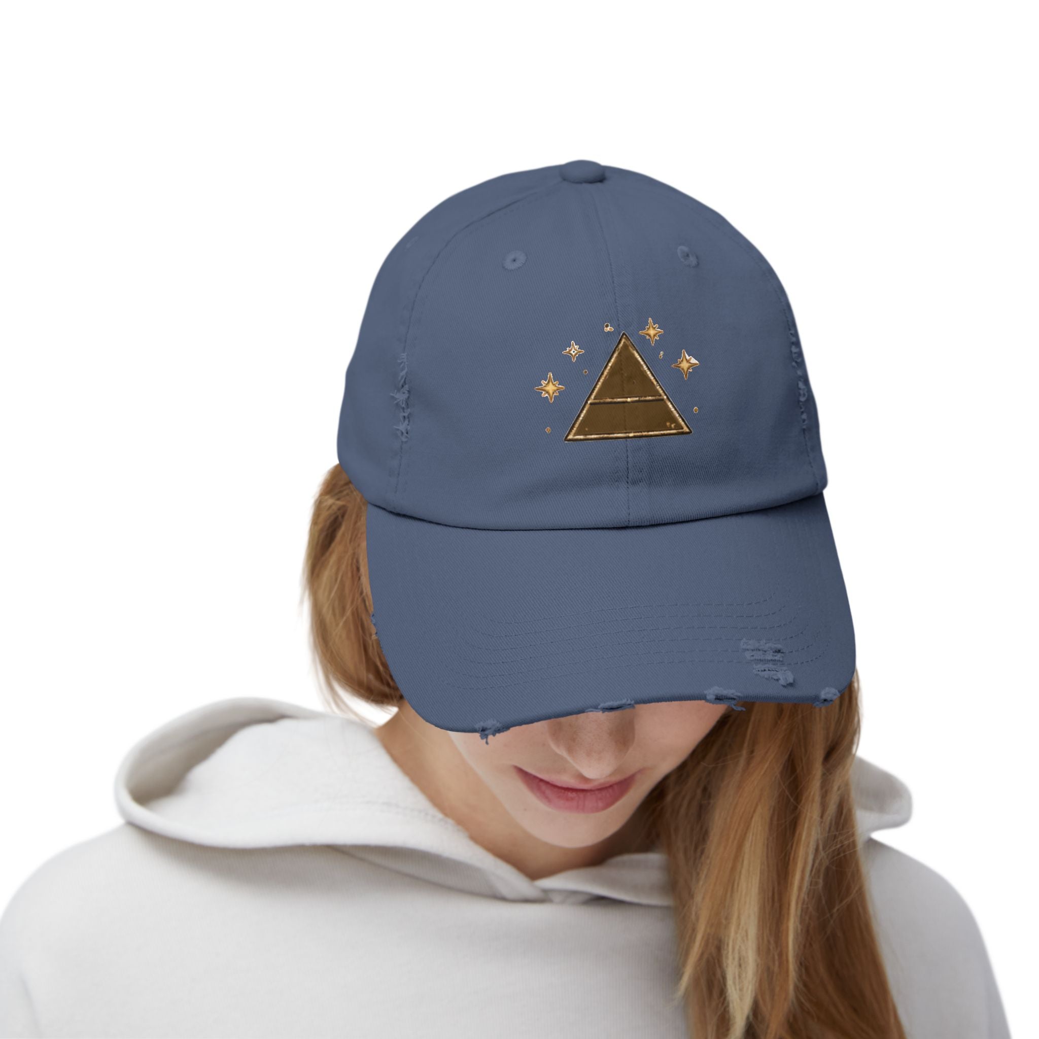 Old Soul Apothecary Distressed Pyramid Cap — Vintage Gold Triangle Embroidered Hat - Creations by Chris and Carlos