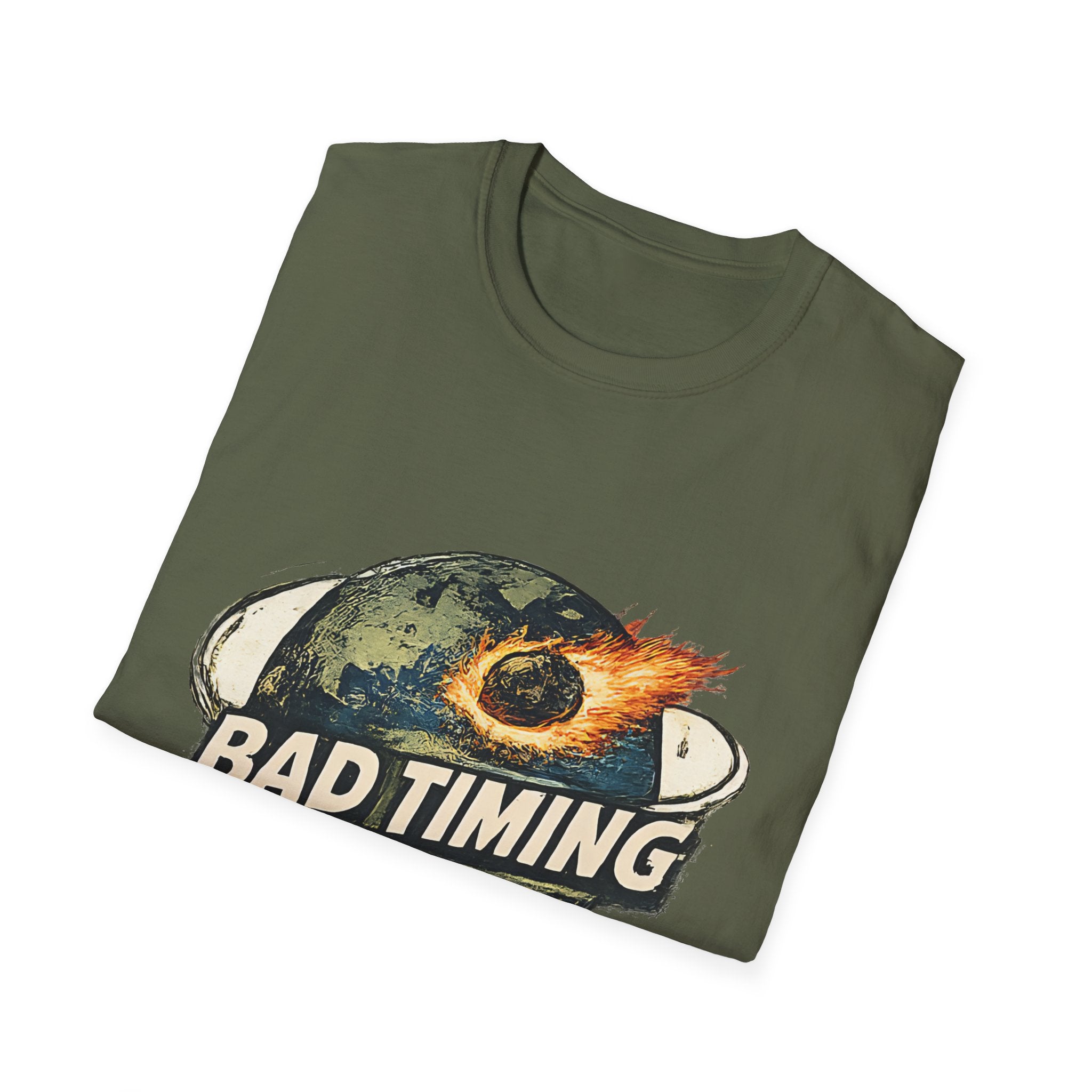 Bad Timing Graphic T-Shirt — Retro Meteor Earth Design - Creations by Chris and Carlos