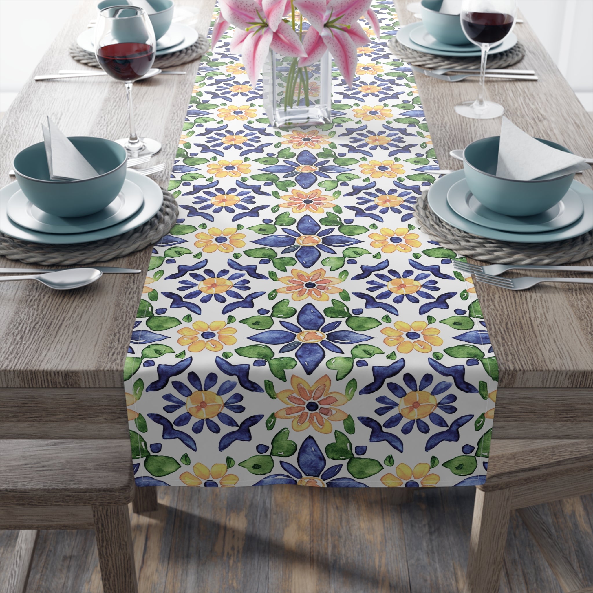 Sol y Alegría (Sun and Joy) Collection- Cactus Succulent Pattern Microfiber Blanket Soft Velveteen Throw for Home & Garden Lovers Floral Tile Table Runner — Blue & Yellow Mediterranean Pattern - Creations by Chris and Carlos