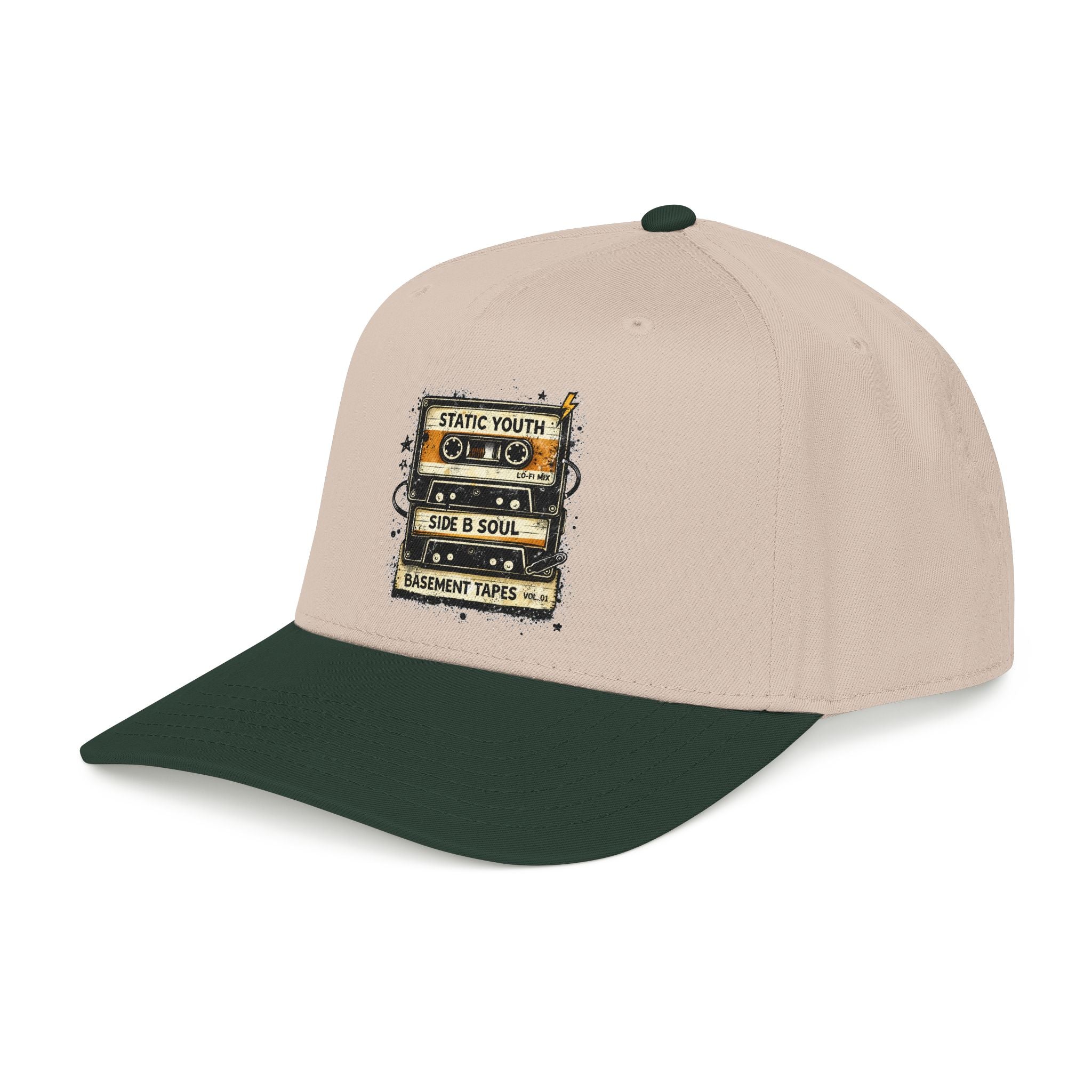 Vintage Cassette Baseball Cap — "Static Youth / Side B Soul" Retro Tape Design - Creations by Chris and Carlos