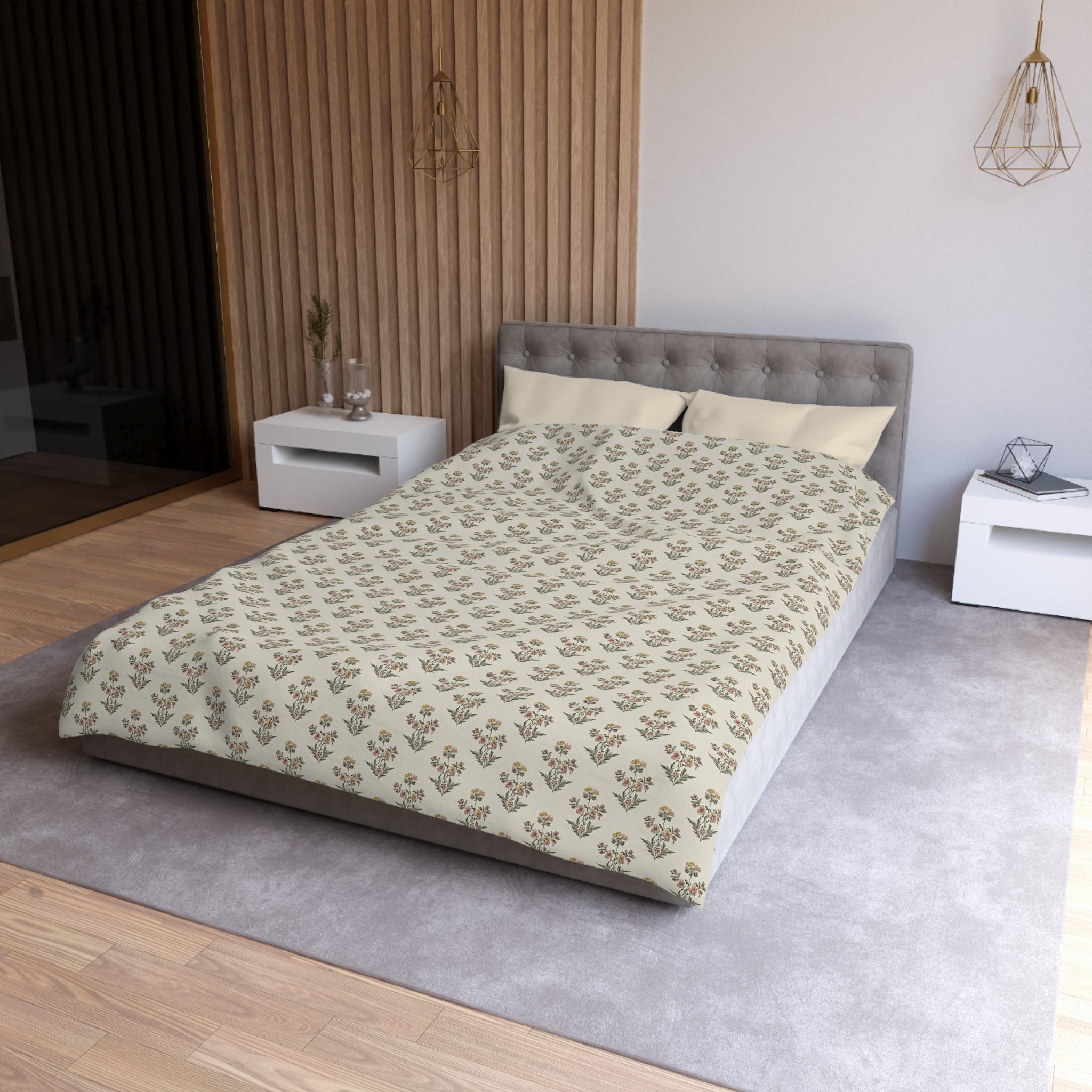 Neutral Floral Pattern Microfiber Duvet Cover — Minimal Boho Bedding - Creations by Chris and Carlos