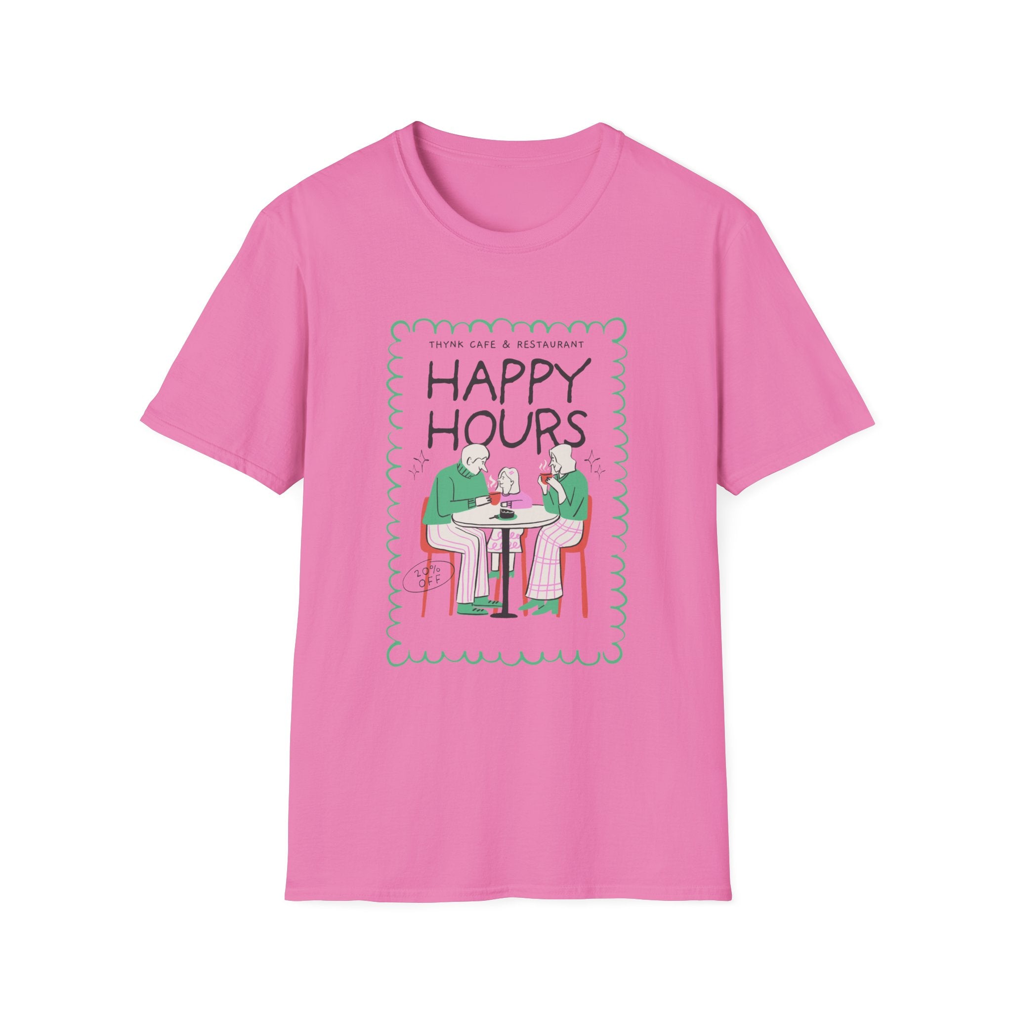 Happy Hours T-Shirt — Illustration of Friends Drinking at Cafe - Creations by Chris and Carlos