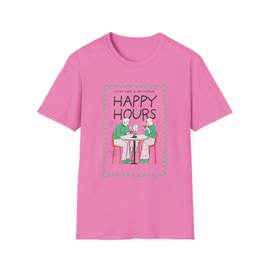Happy Hours T-Shirt — Illustration of Friends Drinking at Cafe - Creations by Chris and Carlos
