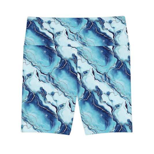 Marble Swirl Women's Workout Shorts — Navy Gold Athletic Biker Shorts - Creations by Chris and Carlos