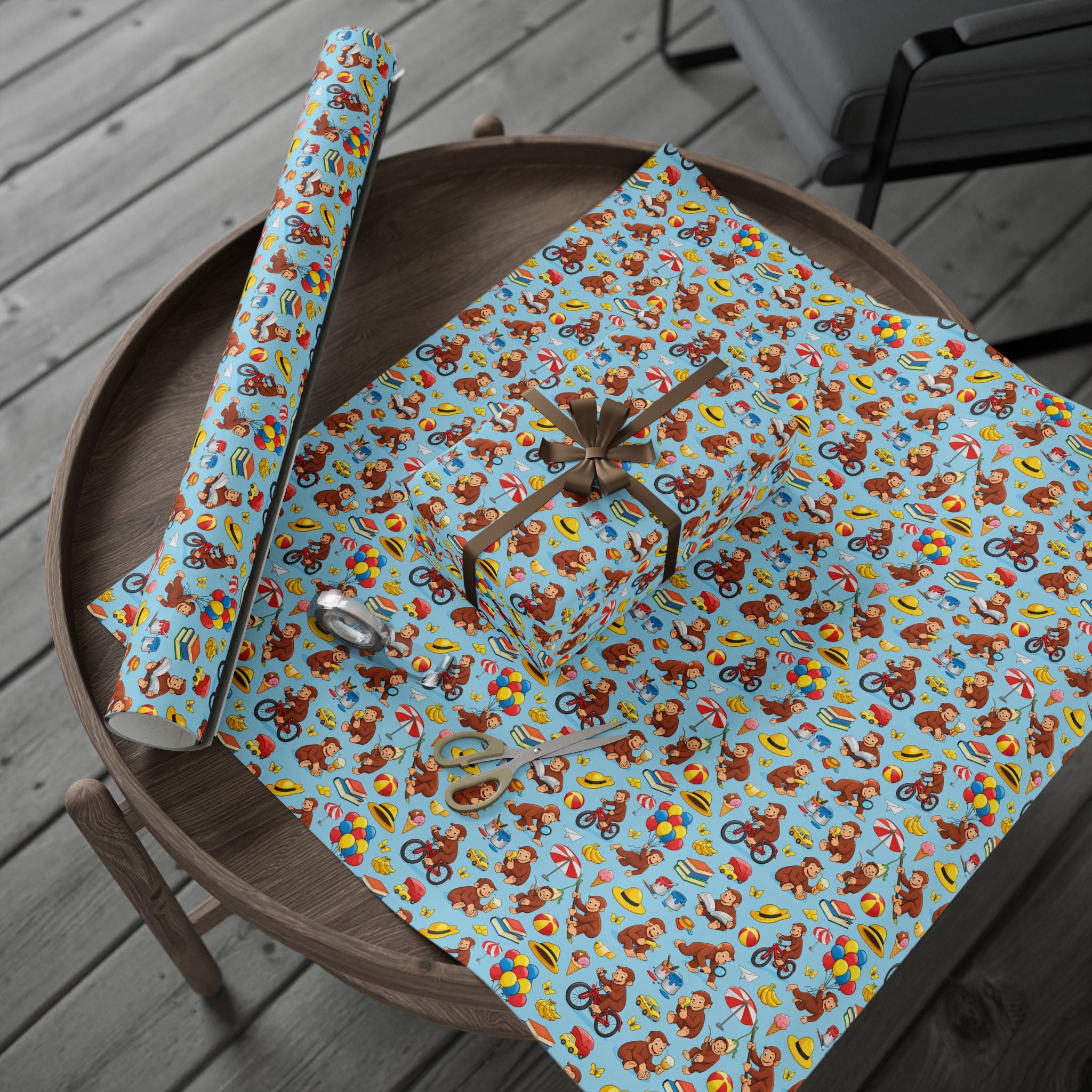 Wrapping Paper Roll — Playful Curious George Monkey Pattern Gift Wrap (Blue) - Creations by Chris and Carlos