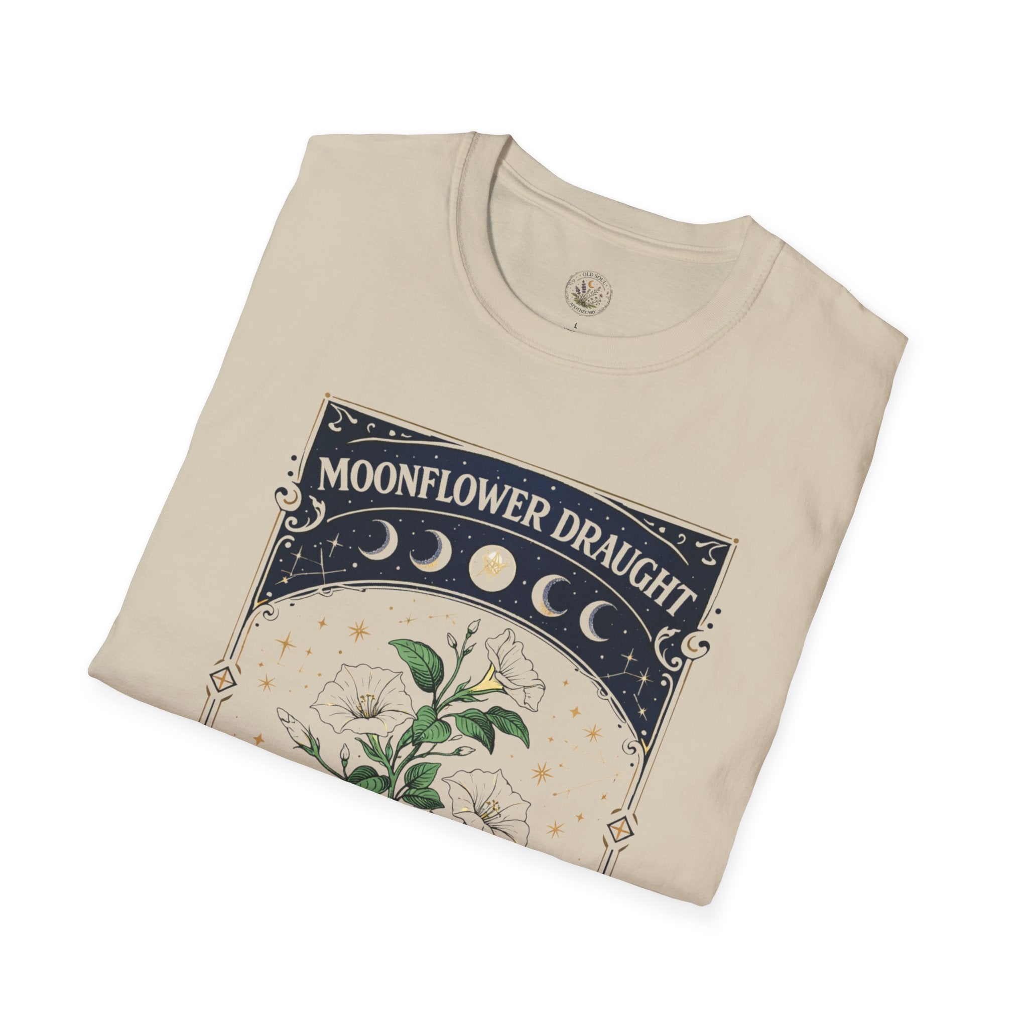 Old Soul Apothecary Moonflower Draught T‑Shirt — Botanical Moon Phase Graphic Tee - Creations by Chris and Carlos
