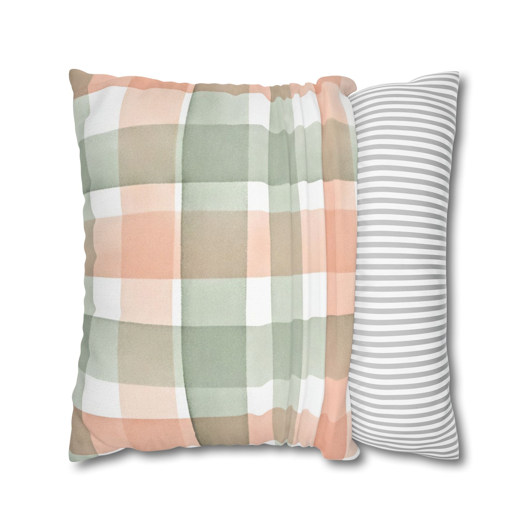 The Artisanal Flora Gallery Pastel Buffalo Check Pillowcase — Peach & Sage Plaid Square Pillow Cover - Creations by Chris and Carlos