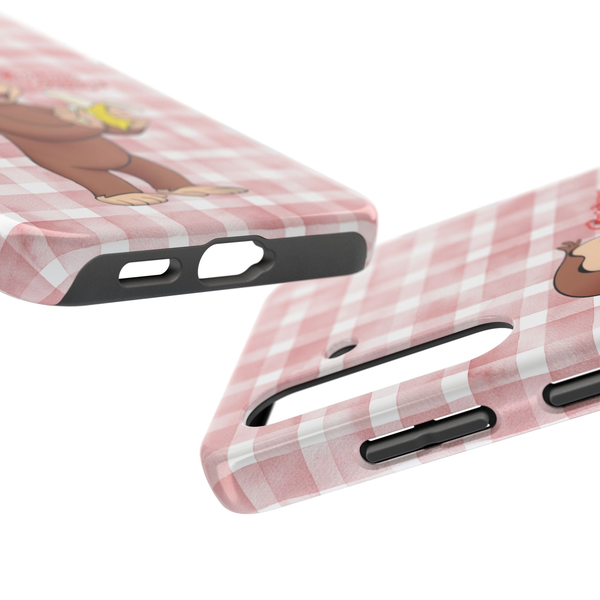 Curious George Banana Tough Phone Case — Cute Kids iPhone Cover, Pink Gingham Protective Case - Creations by Chris and Carlos