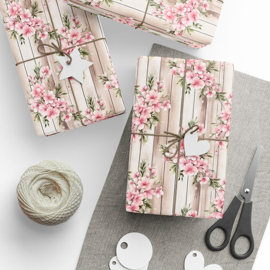 Easter Floral Woodgrain Wrapping Paper Roll — Pink Cherry Blossom Gift Wrap - Creations by Chris and Carlos