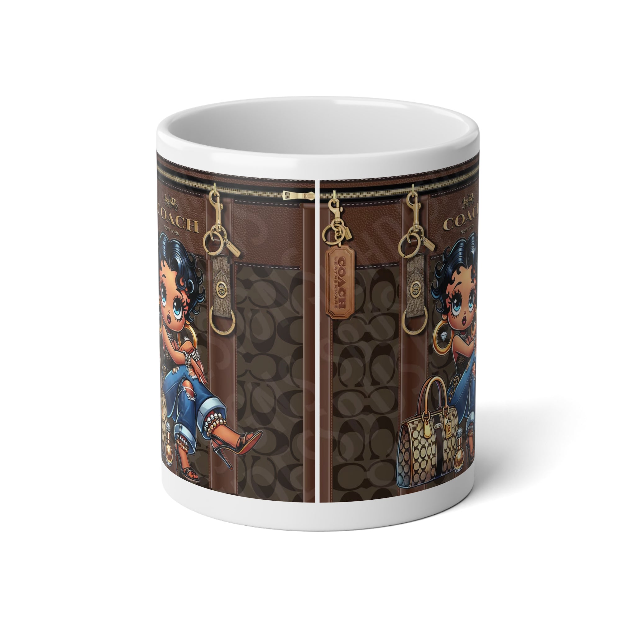 Brown Coach Designer-Inspired Jumbo Mug (20oz) with Cute Retro Betty PoopGirl & Handbag Pattern - Creations by Chris and Carlos