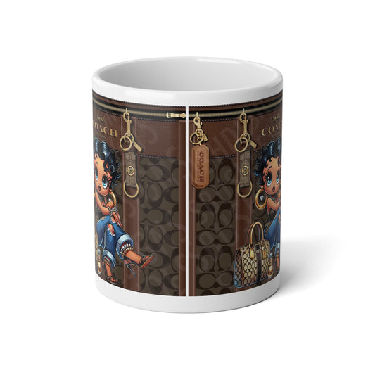 Brown Coach Designer-Inspired Jumbo Mug (20oz) with Cute Retro Betty PoopGirl & Handbag Pattern - Creations by Chris and Carlos