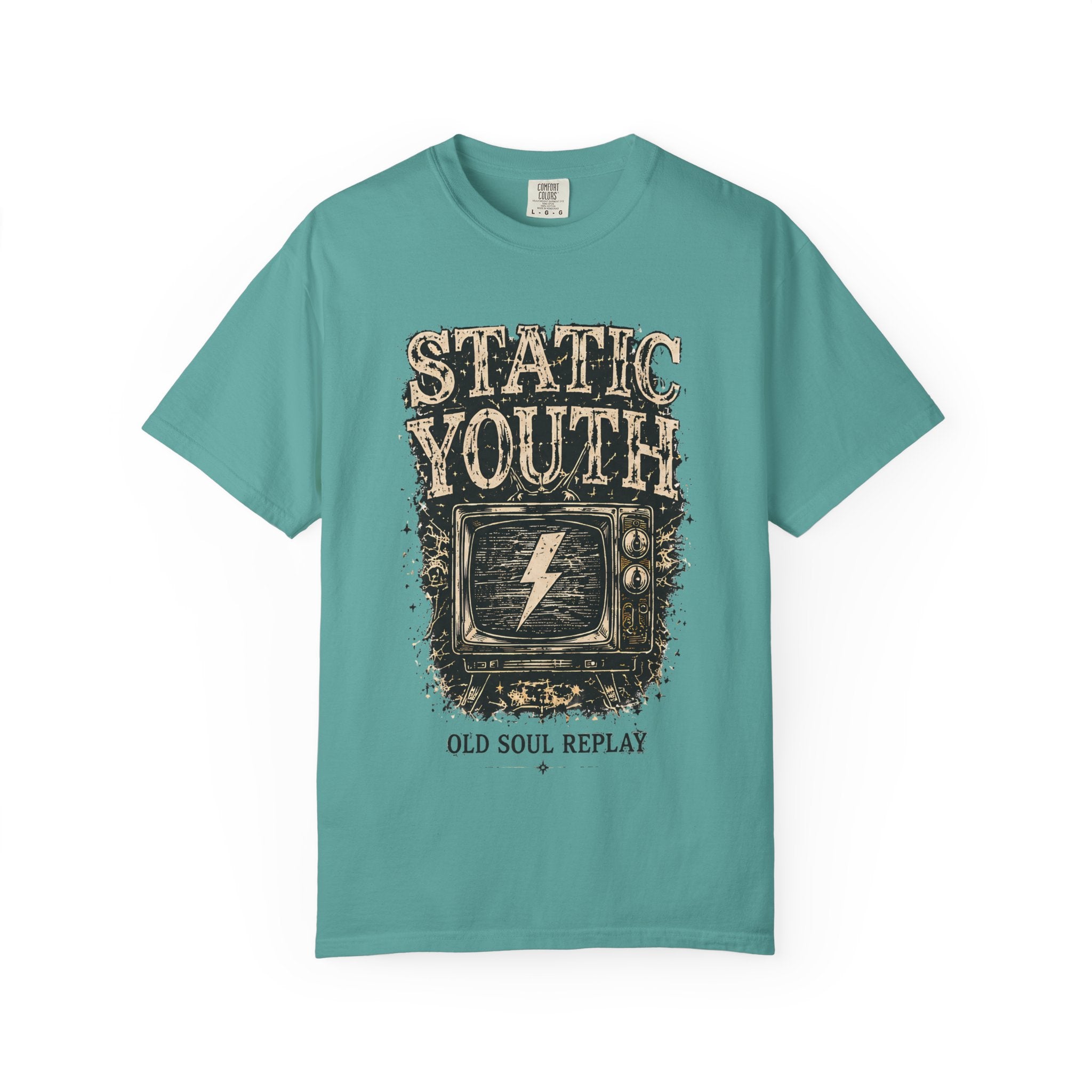 Static Youth Graphic Tee — Vintage TV Lightning Bolt "Old Soul Replay" - Creations by Chris and Carlos