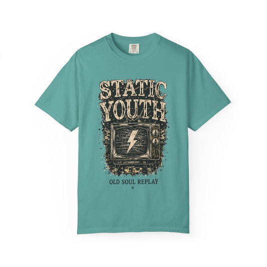 Static Youth Graphic Tee — Vintage TV Lightning Bolt "Old Soul Replay" - Creations by Chris and Carlos