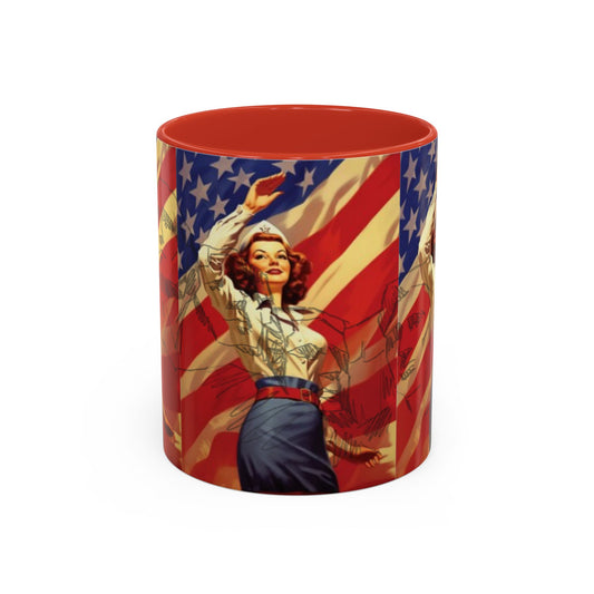 Patriotic Pin-Up Coffee Mug — Vintage American Flag Accent (11/15 oz) - Creations by Chris and Carlos