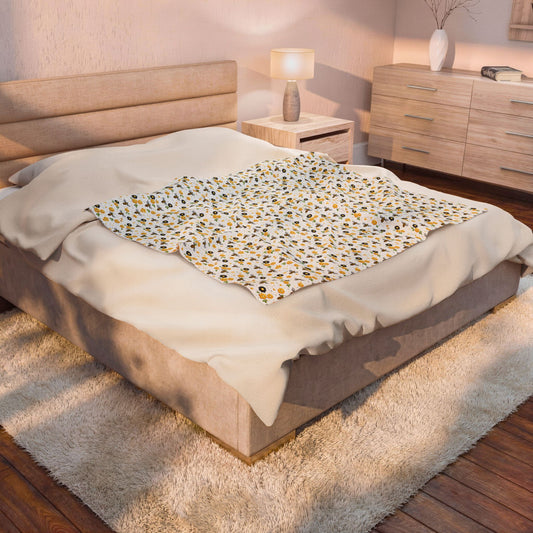 Bee & Sunflower Velveteen Plush Blanket — Cozy Floral Throw for Spring, Garden Lovers & Gift Giving - Creations by Chris and Carlos