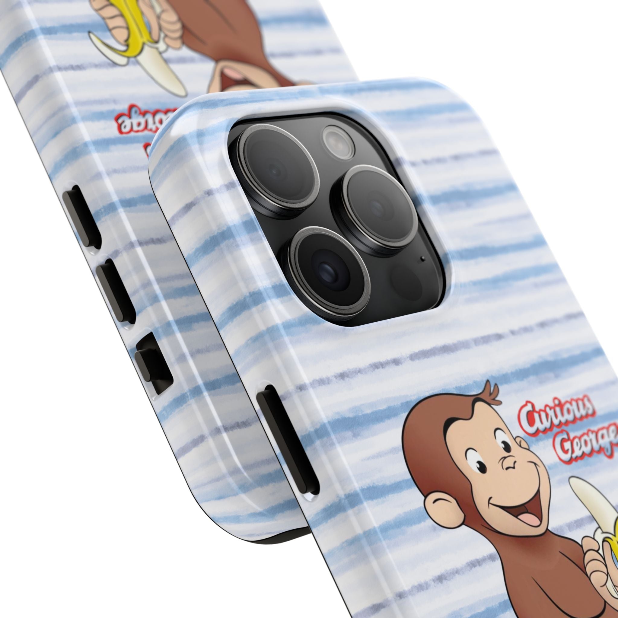 Curious George Banana Tough Phone Case — Cute Kids iPhone Cover, Blue Stripe Protective Case - Creations by Chris and Carlos