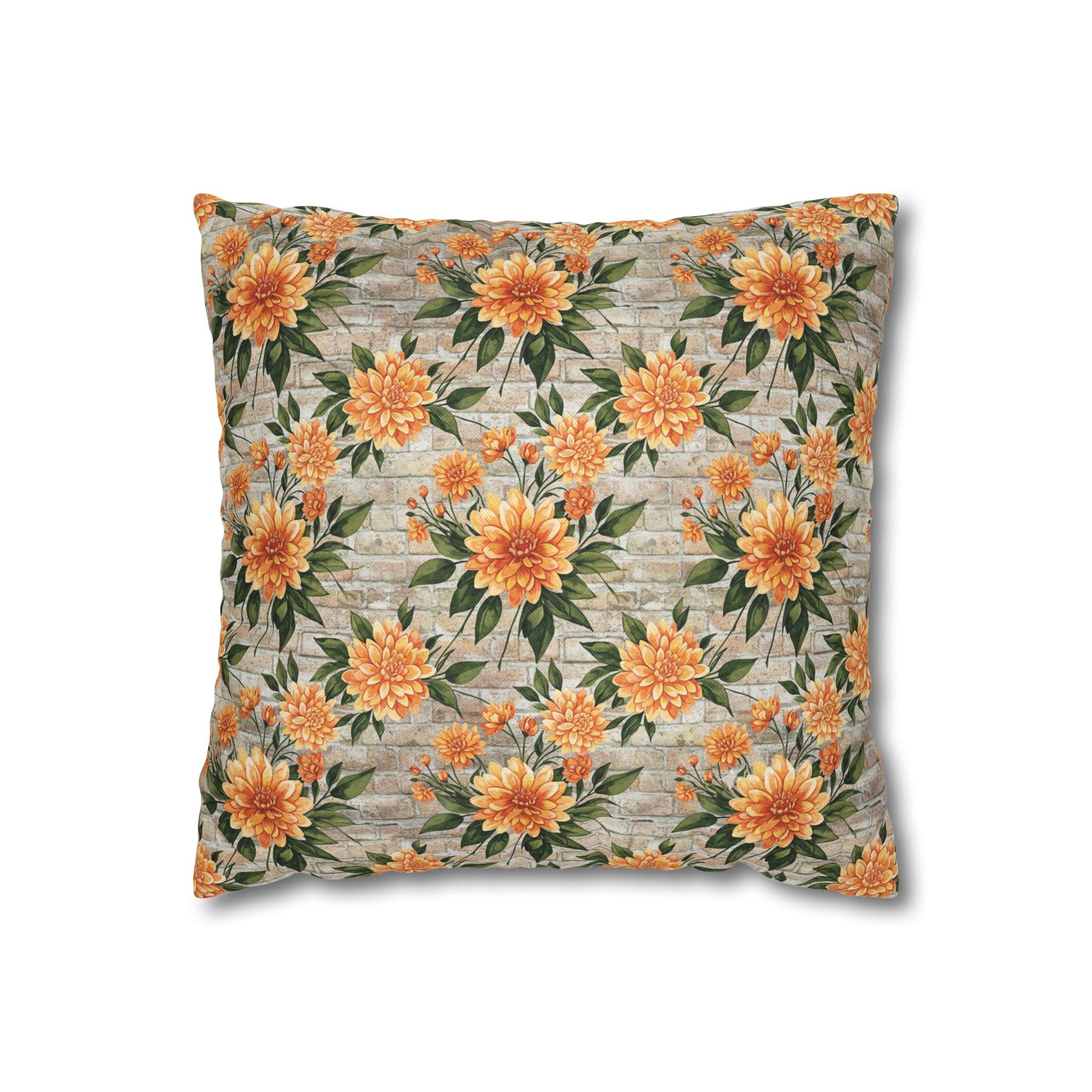 The Artisanal Flora Gallery Floral Sunburst Square Pillowcase — Orange Dahlia Botanical Throw Pillow Cover - Creations by Chris and Carlos
