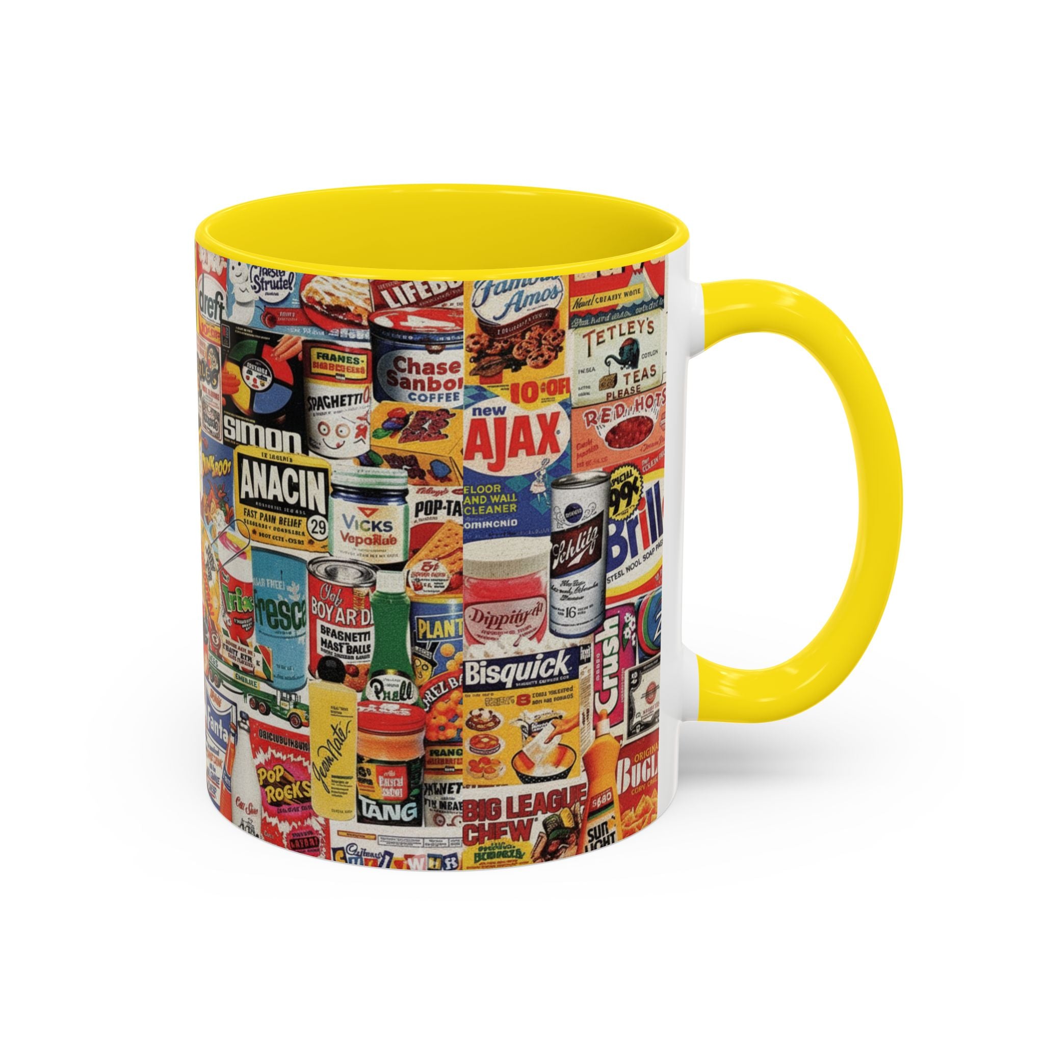 Vintage Retro Ads Coffee Mug — Collage of Classic Brand Labels (11/15oz Accent Mug) - Creations by Chris and Carlos