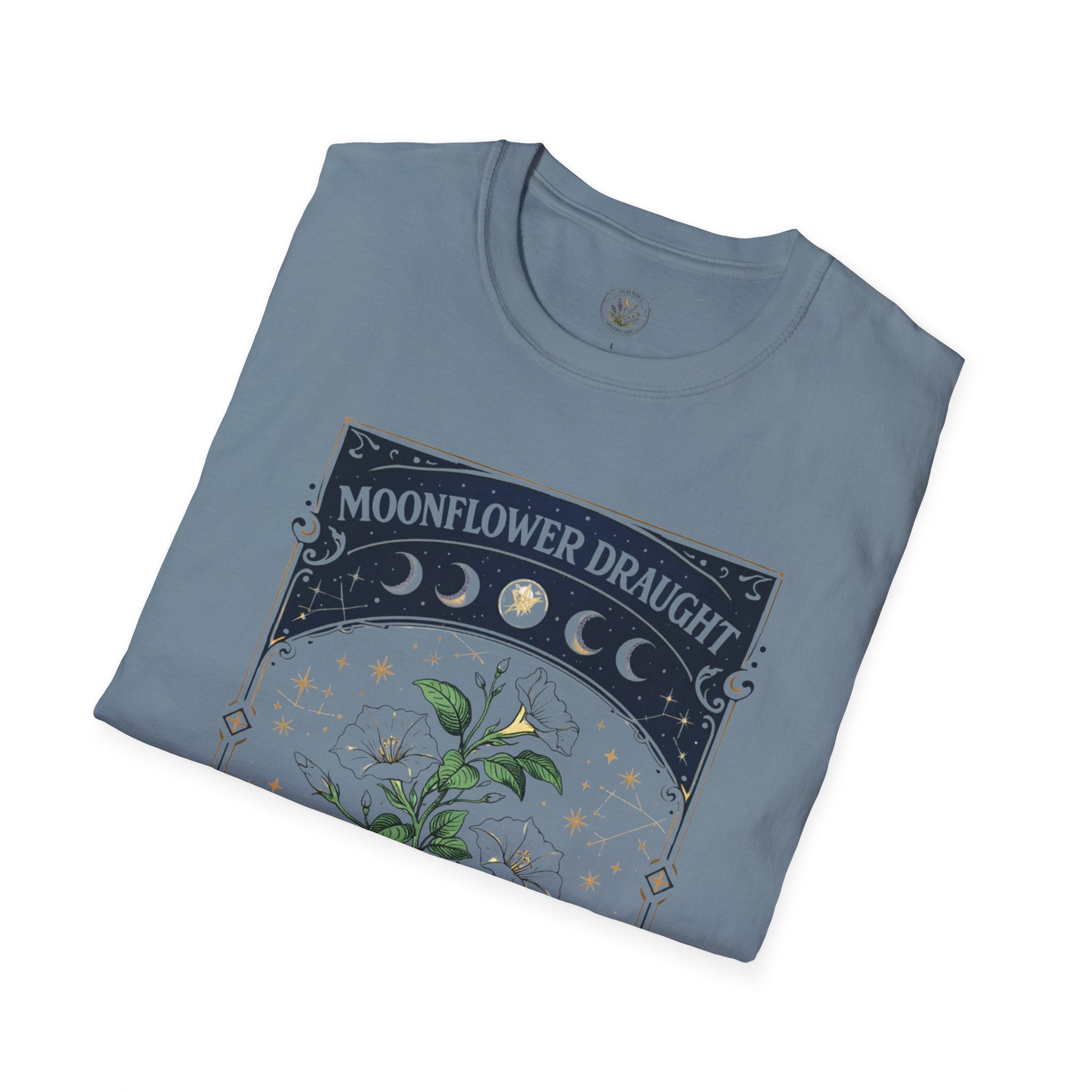 Old Soul Apothecary Moonflower Draught T‑Shirt — Botanical Moon Phase Graphic Tee - Creations by Chris and Carlos