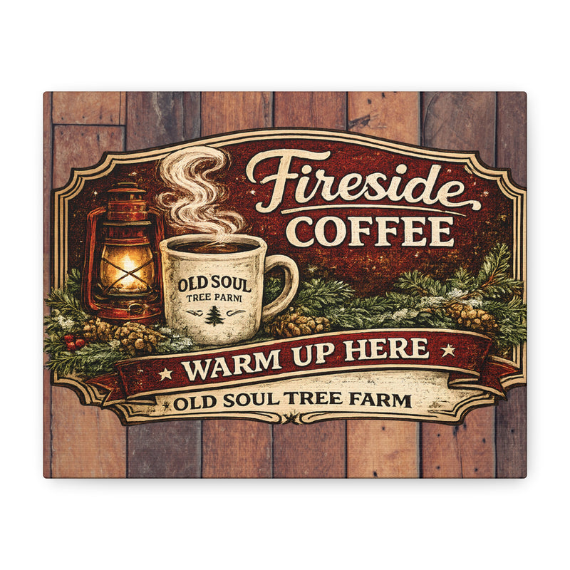 Old Soul Christmas Market™🌲Fireside Coffee Canvas Wall Art — "Warm Up Here" Rustic Café Sign