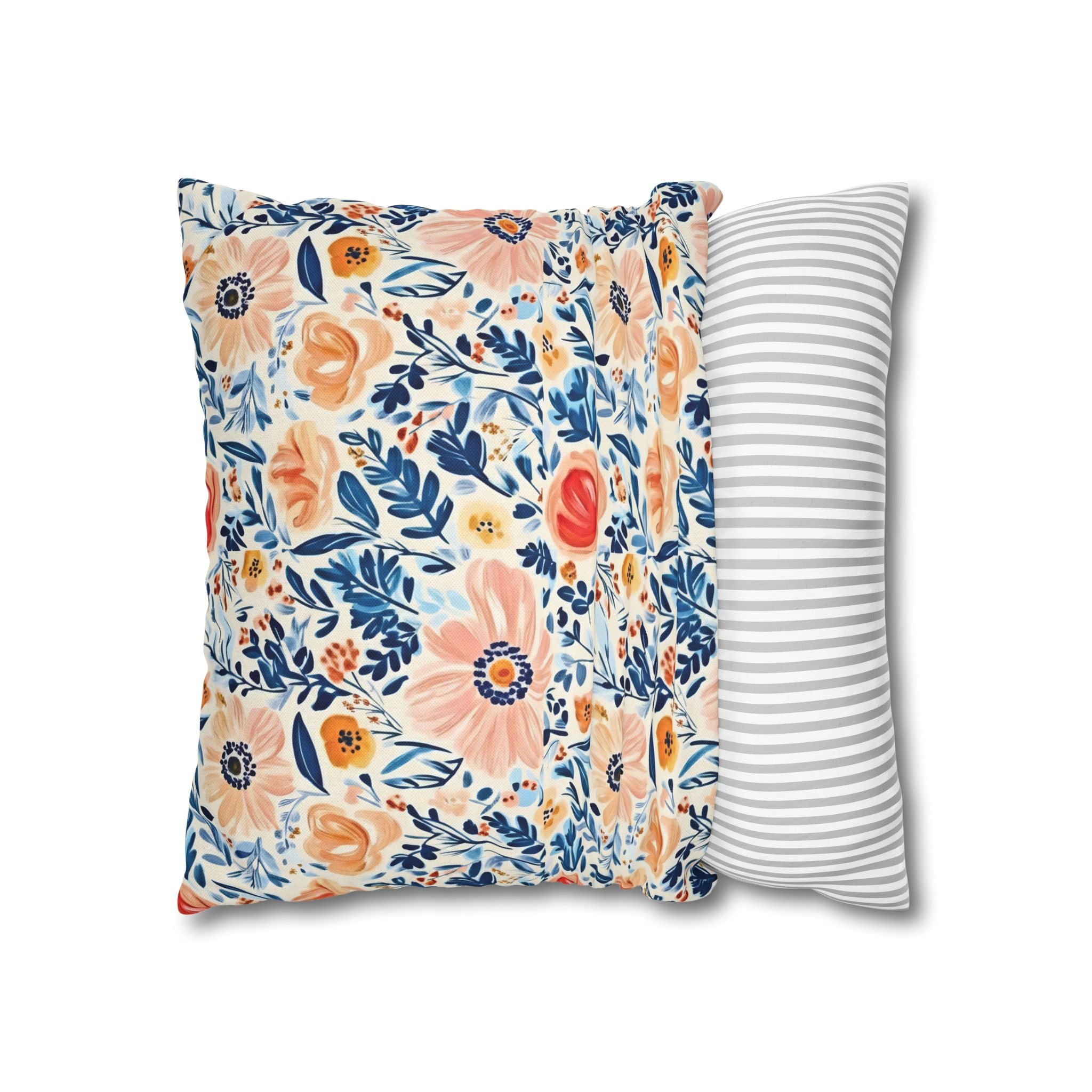 The Artisanal Flora Gallery Floral Watercolor Throw Pillow Cover — Peach & Navy Garden Pattern - Creations by Chris and Carlos