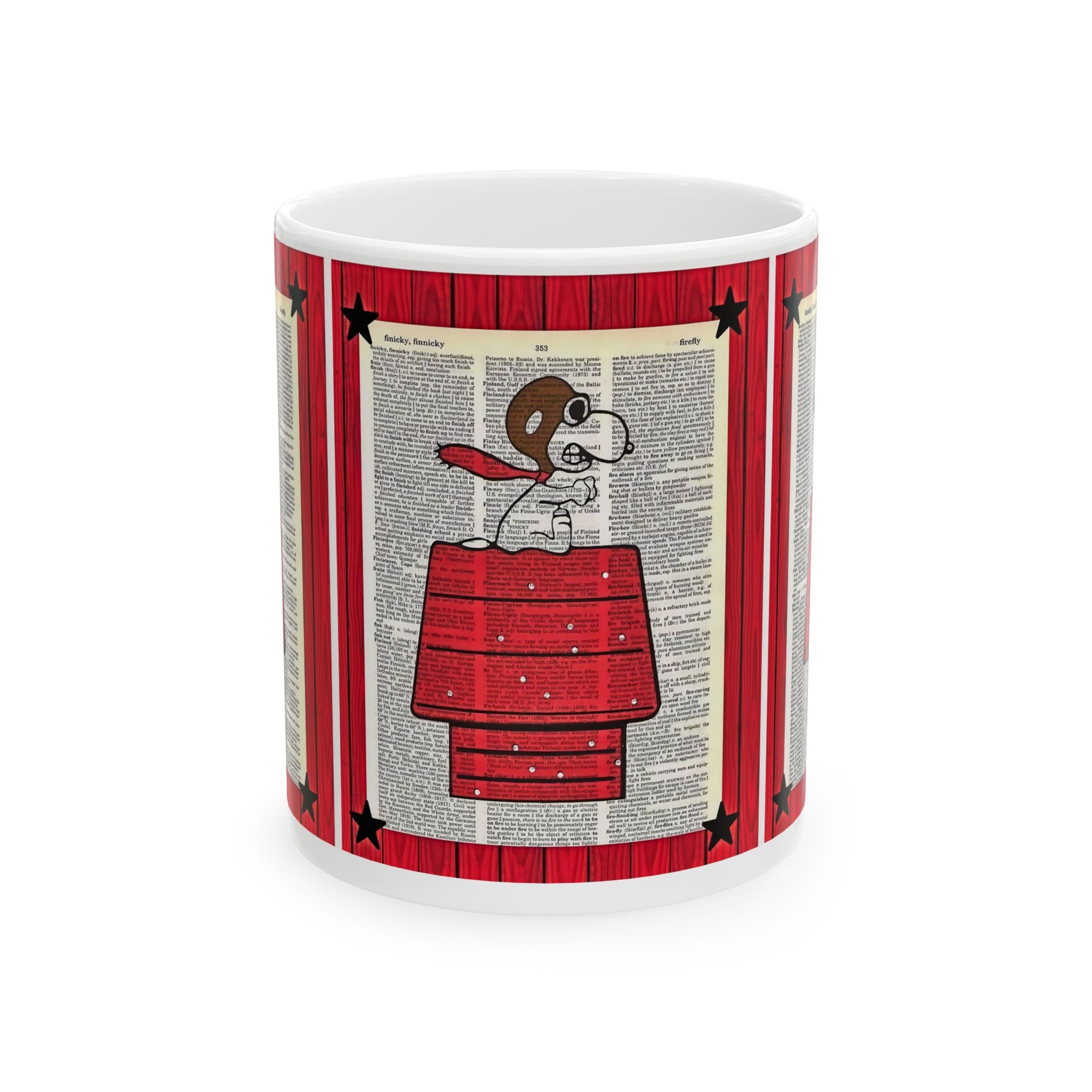 Vintage Snoopy Red Doghouse Ceramic Mug — Retro Dictionary Art Coffee Cup (11oz/15oz) - Creations by Chris and Carlos