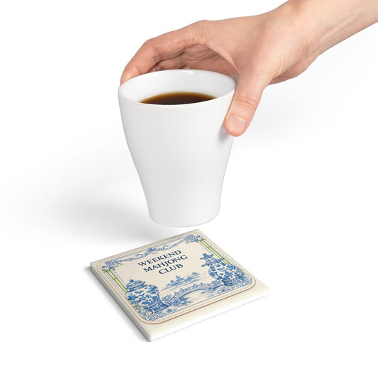 Weekend Mahjong Club Ceramic Coaster – Blue Chinoiserie Tile Drink Coaster - Creations by Chris and Carlos