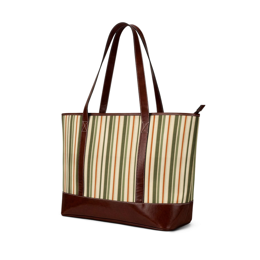 Striped Canvas Tote Bag — Vintage Green & Brown Summer Handbag