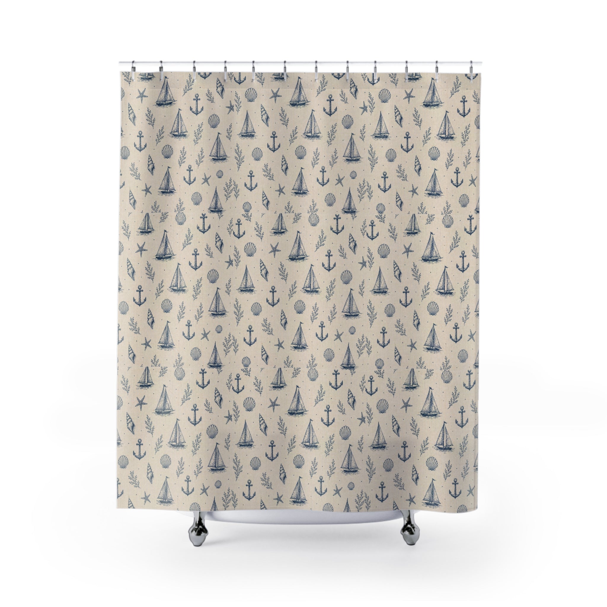 Nautical Sailboat & Anchor Shower Curtain — Coastal Beach Pattern for Bathroom - Creations by Chris and Carlos